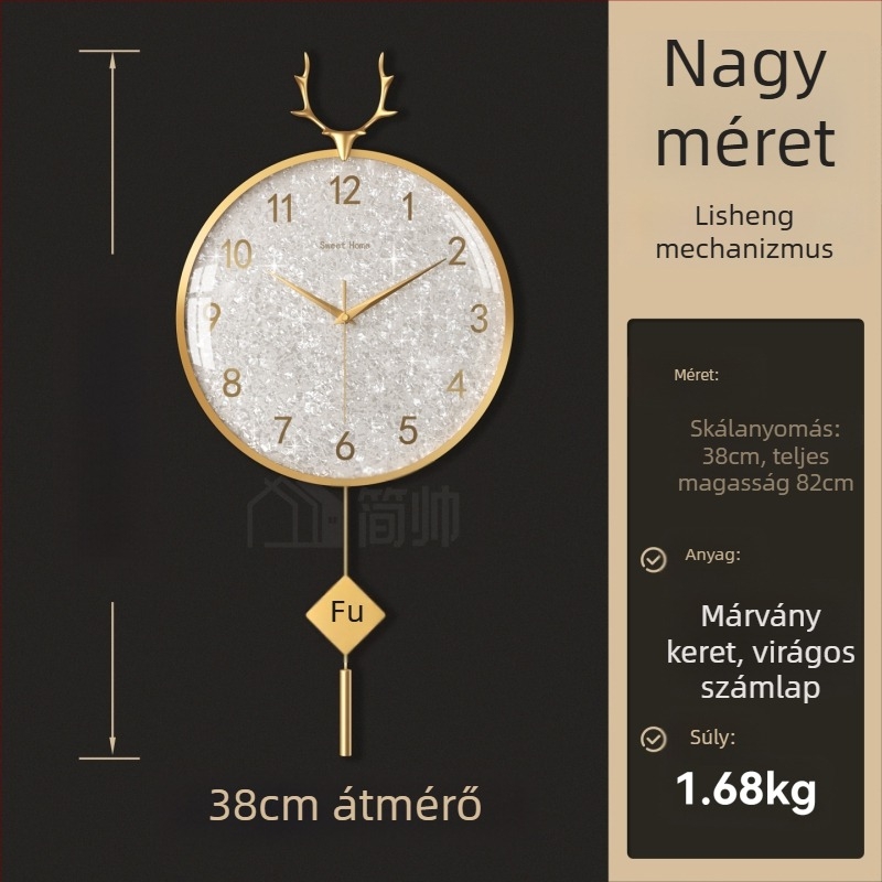 Fali óra, könnyed luxus stílusban, modell 985, mechanikus mozgás, Sun mozgás, akkumulátoros táplálás, fém számlap, üveglap, nappaliba