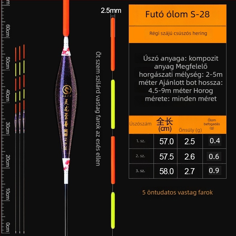 Ólommentes függőleges úszó, önálló, megerősített felső résszel nagy halakhoz