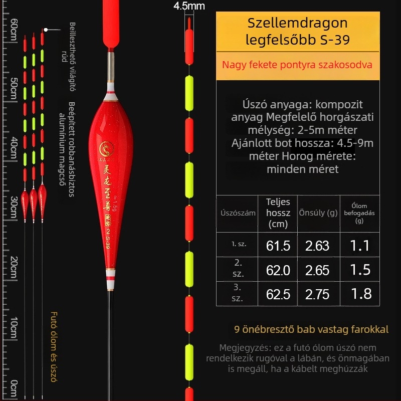 Ólommentes függőleges úszó, önálló, megerősített felső résszel nagy halakhoz