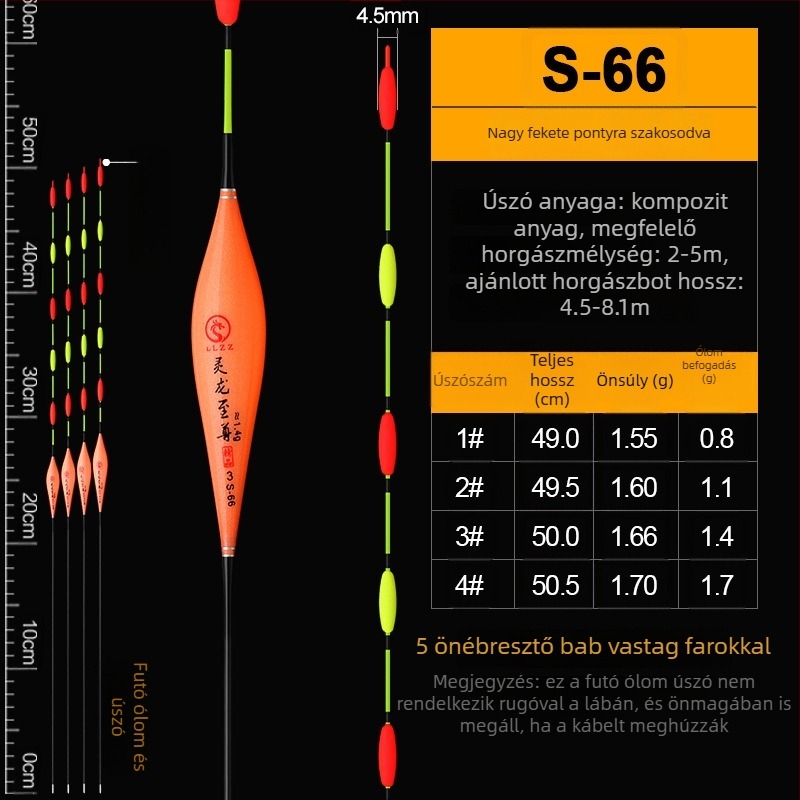 Ólommentes függőleges úszó, önálló, megerősített felső résszel nagy halakhoz