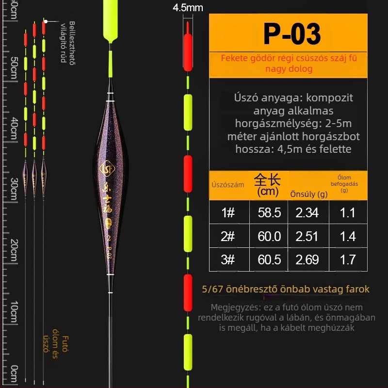 Ólommentes függőleges úszó, önálló, megerősített felső résszel nagy halakhoz