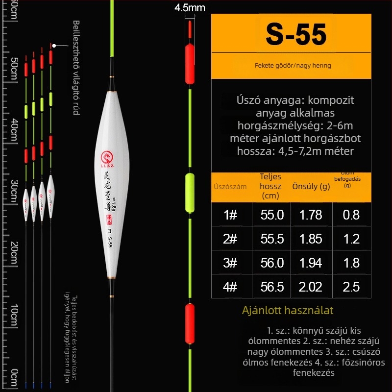 Ólommentes függőleges úszó, önálló, megerősített felső résszel nagy halakhoz