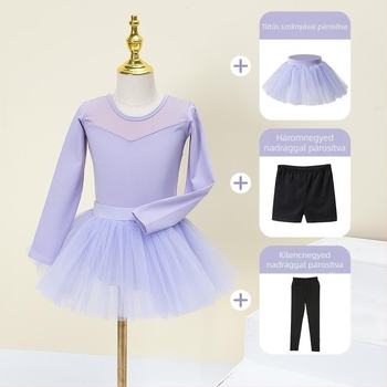 Kisgyermek balett ruhaszett hosszú ujjú géz szoknyával; anyag: 94% pamut + 6% elasztán; lányoknak 17 éves korig; színpadi jelmez