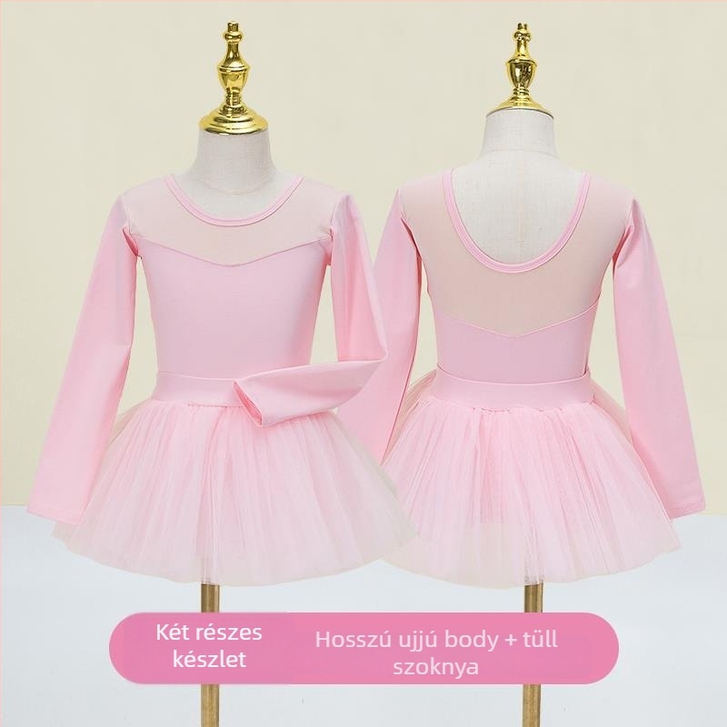 Kisgyermek balett ruhaszett hosszú ujjú géz szoknyával; anyag: 94% pamut + 6% elasztán; lányoknak 17 éves korig; színpadi jelmez