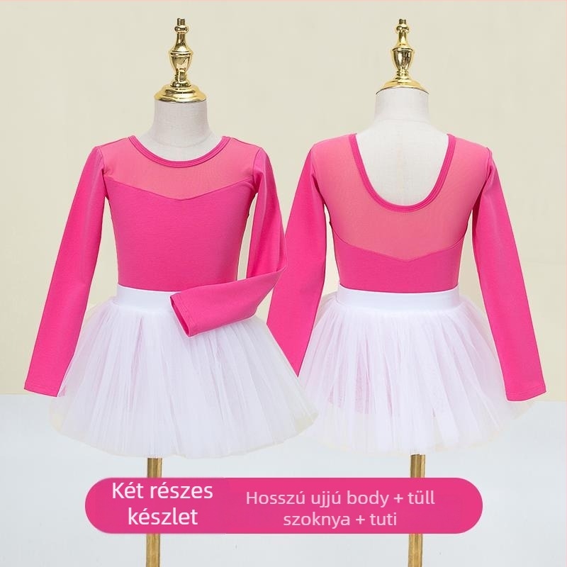 Kisgyermek balett ruhaszett hosszú ujjú géz szoknyával; anyag: 94% pamut + 6% elasztán; lányoknak 17 éves korig; színpadi jelmez
