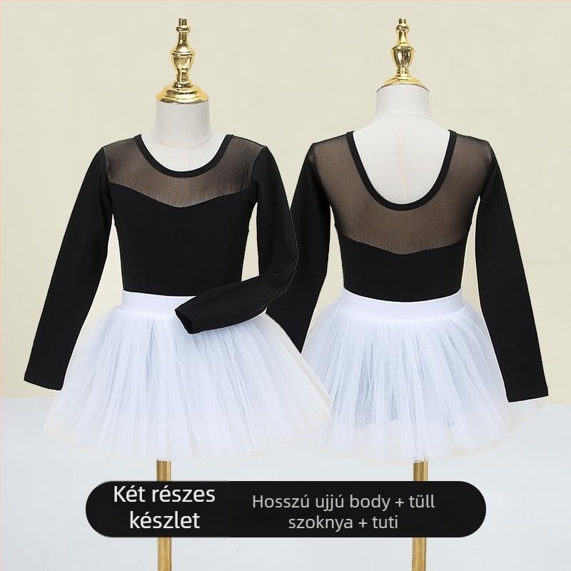 Kisgyermek balett ruhaszett hosszú ujjú géz szoknyával; anyag: 94% pamut + 6% elasztán; lányoknak 17 éves korig; színpadi jelmez