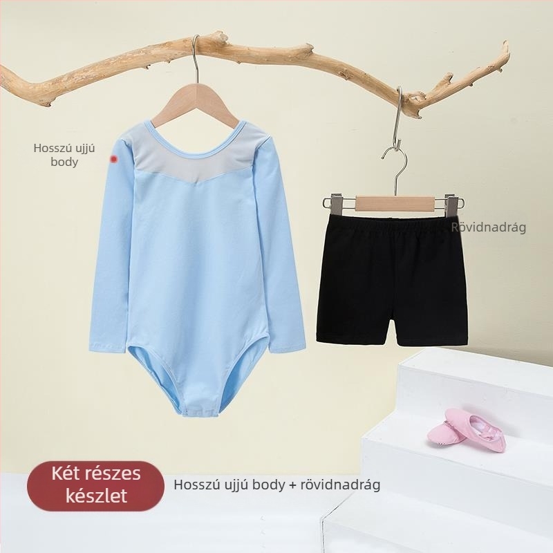 Kisgyermek balett ruhaszett hosszú ujjú géz szoknyával; anyag: 94% pamut + 6% elasztán; lányoknak 17 éves korig; színpadi jelmez