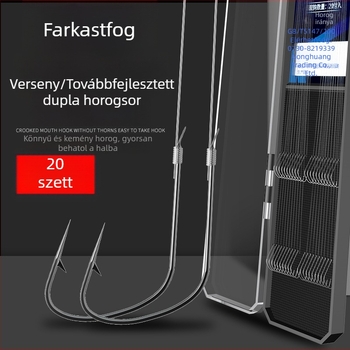 20 darab farkasfog horog készlet, dupla horog, alávezető zsinórral, tüskés, csomózás elleni, használatra kész