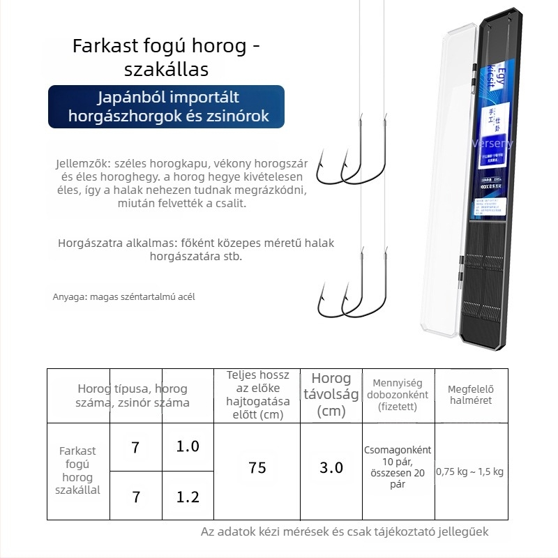 20 darab farkasfog horog készlet, dupla horog, alávezető zsinórral, tüskés, csomózás elleni, használatra kész