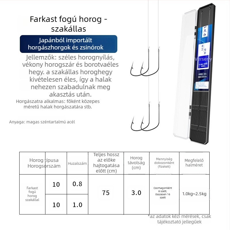 20 darab farkasfog horog készlet, dupla horog, alávezető zsinórral, tüskés, csomózás elleni, használatra kész