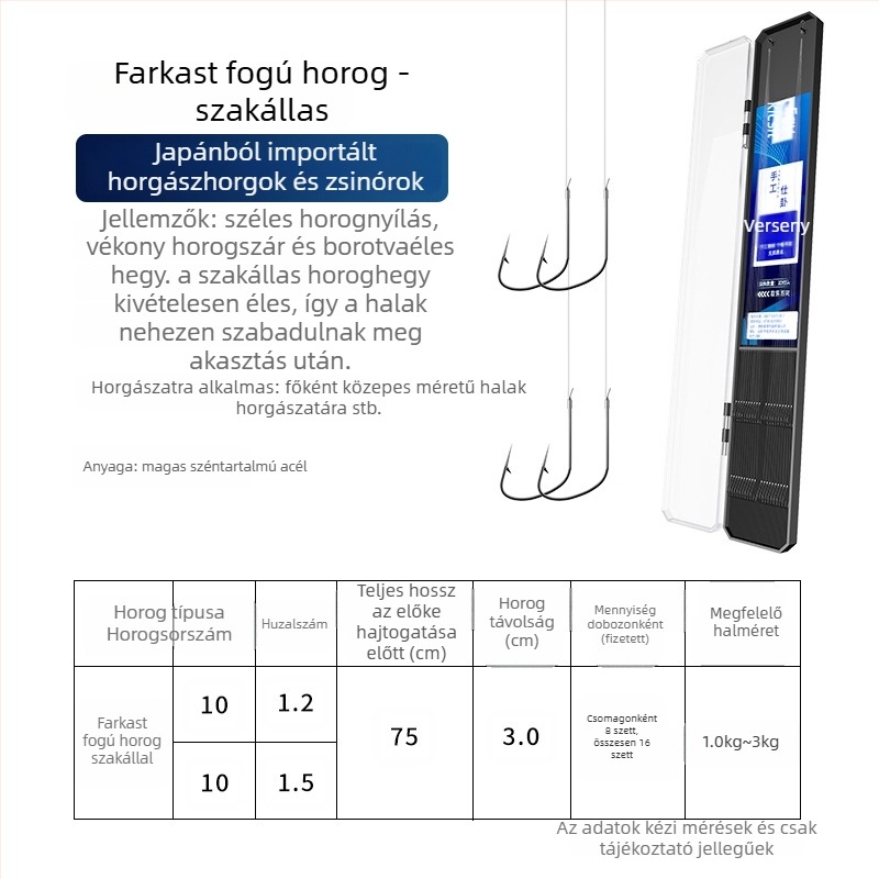 20 darab farkasfog horog készlet, dupla horog, alávezető zsinórral, tüskés, csomózás elleni, használatra kész