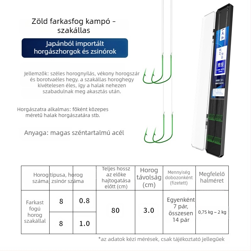 20 darab farkasfog horog készlet, dupla horog, alávezető zsinórral, tüskés, csomózás elleni, használatra kész