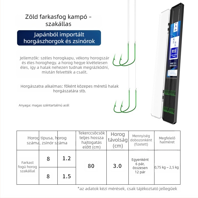 20 darab farkasfog horog készlet, dupla horog, alávezető zsinórral, tüskés, csomózás elleni, használatra kész