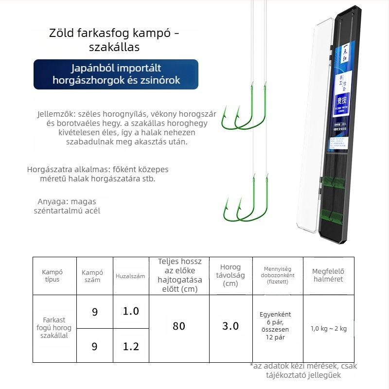 20 darab farkasfog horog készlet, dupla horog, alávezető zsinórral, tüskés, csomózás elleni, használatra kész