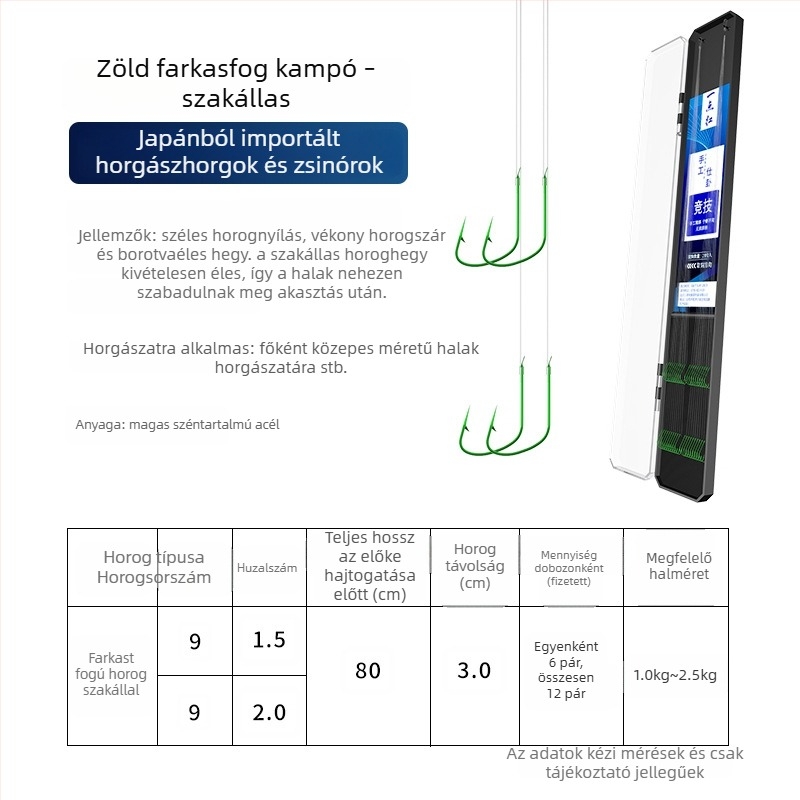 20 darab farkasfog horog készlet, dupla horog, alávezető zsinórral, tüskés, csomózás elleni, használatra kész