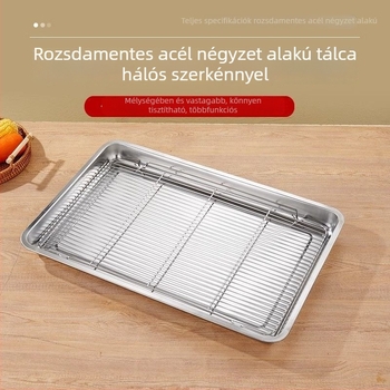 Kereskedelmi használatra készült rozsdamentes acél négyszögletes tál hálós olaj-ellenőrző állvánnyal, víz- és olajszűrő tálcával, étel-kiállítási tál, sütéshez és fűszerezéshez
