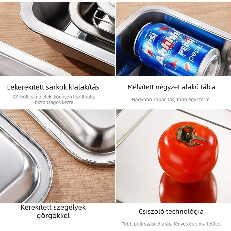 Kereskedelmi használatra készült rozsdamentes acél négyszögletes tál hálós olaj-ellenőrző állvánnyal, víz- és olajszűrő tálcával, étel-kiállítási tál, sütéshez és fűszerezéshez