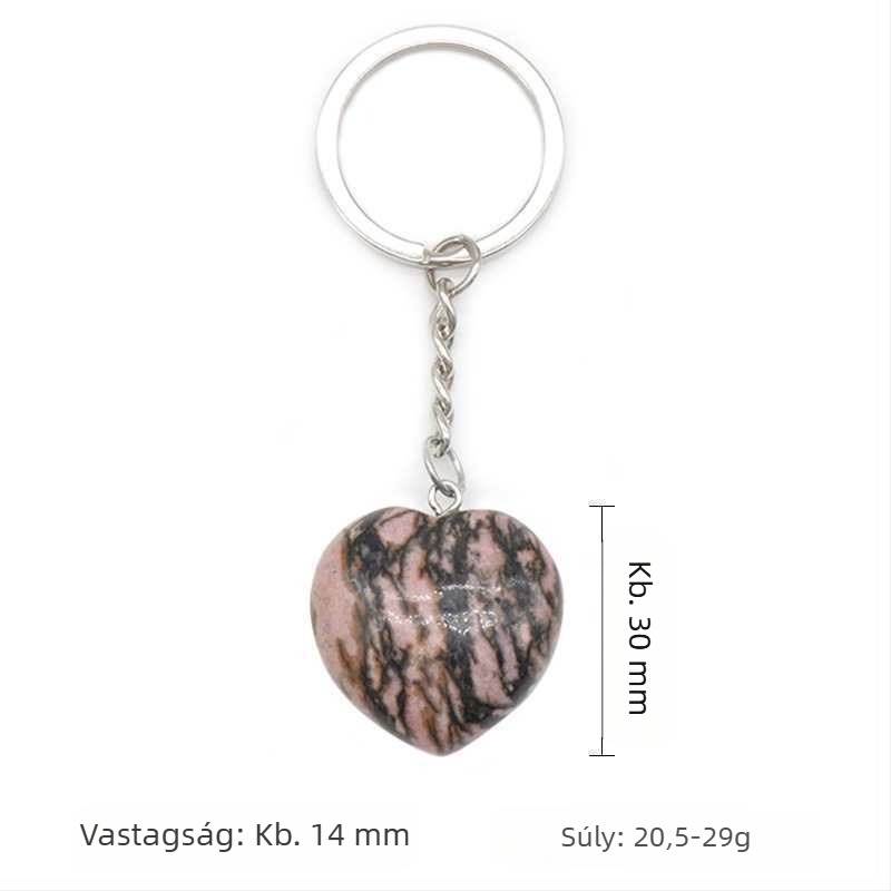 Természetes rózsakvarc kulcstartó 30 mm-es szív alakú medállal – kristálykő