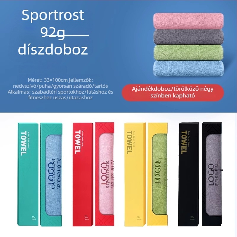 100% pamut sport törölköző, izzadságtartó, korallflízes, gyors száradás, hosszított nyakkendő logóval