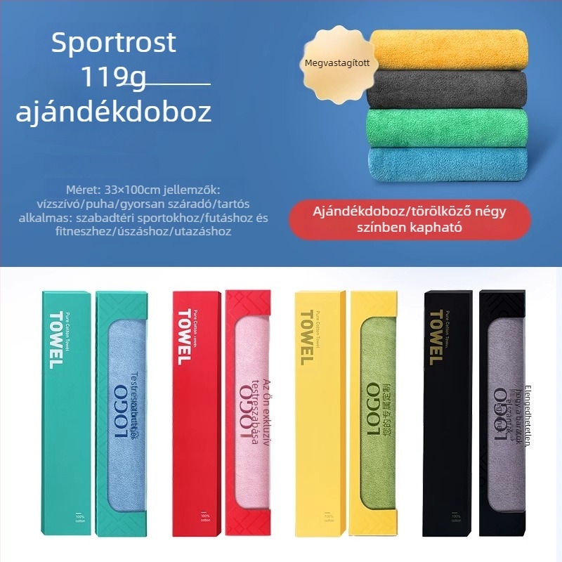 100% pamut sport törölköző, izzadságtartó, korallflízes, gyors száradás, hosszított nyakkendő logóval