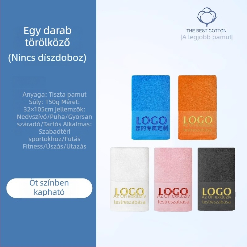 100% pamut sport törölköző, izzadságtartó, korallflízes, gyors száradás, hosszított nyakkendő logóval