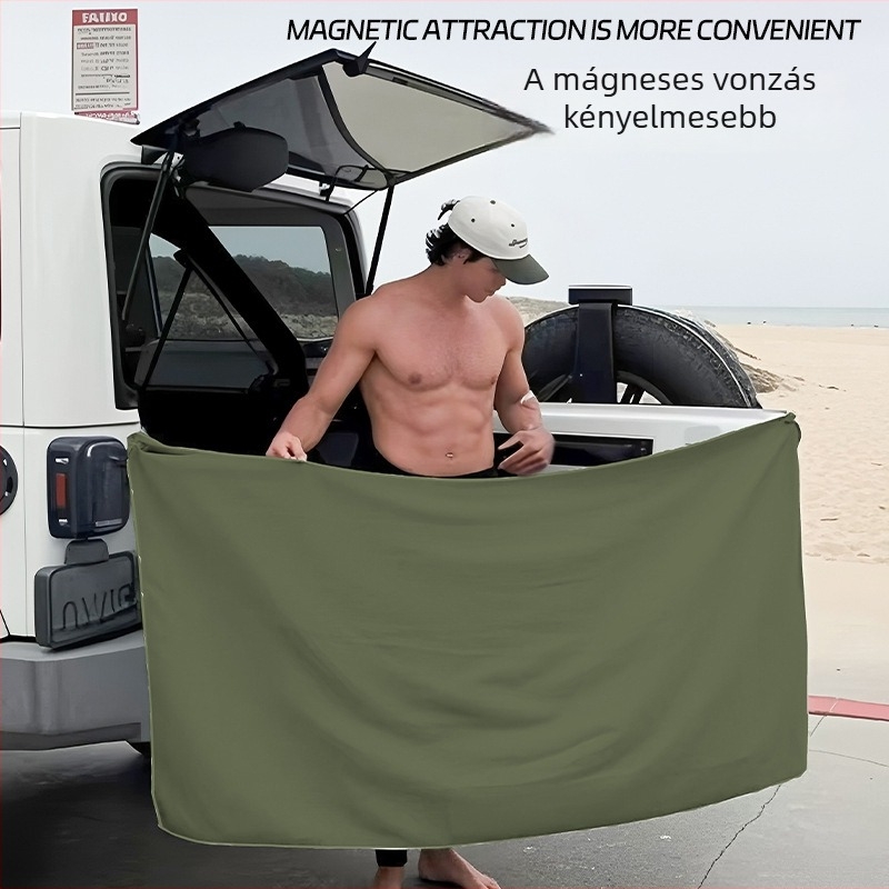 Portable mágneses törölköző, amely tekerhető fürdőtörölközővé; kétszínű velúr strand- és sporttörölköző logóval
