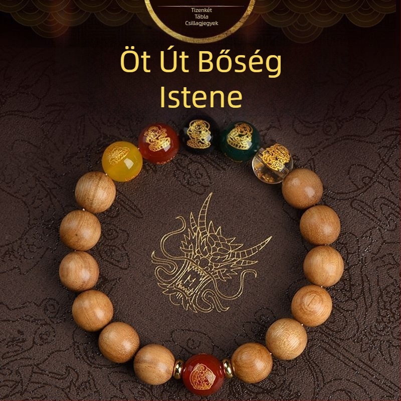 Barackfafából készült karkötő, kézzel készített, uniszex ima gyöngyökkel – a Zodiákus védője és az Öt Irány Istene a Gazdagságnak