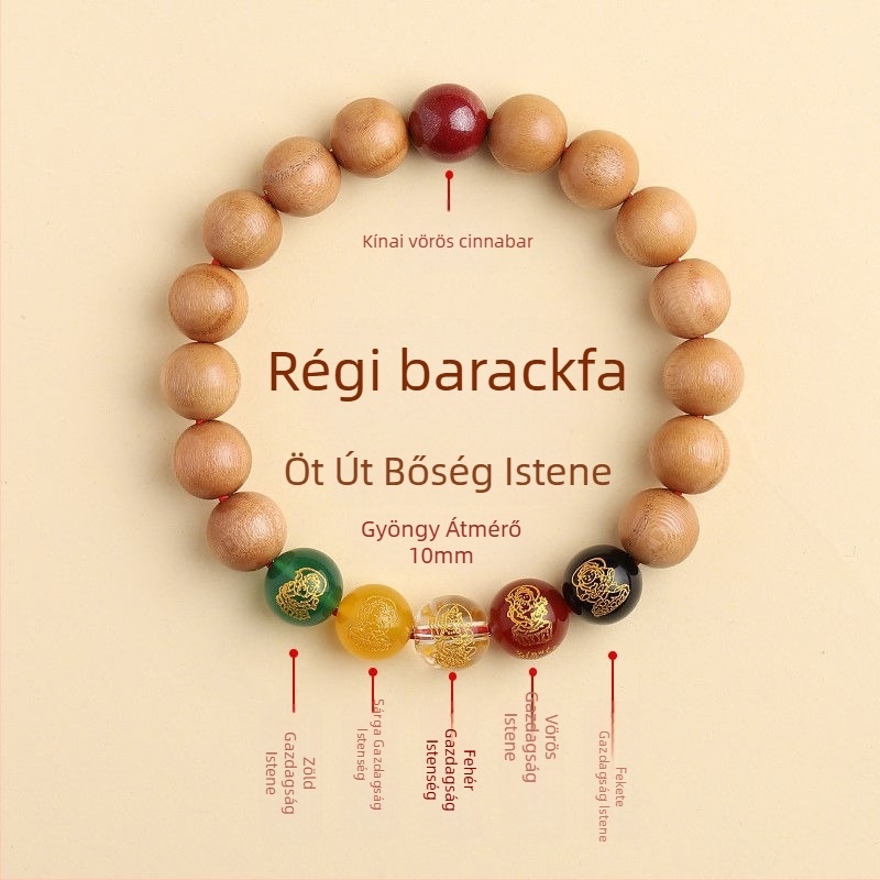 Barackfafából készült karkötő, kézzel készített, uniszex ima gyöngyökkel – a Zodiákus védője és az Öt Irány Istene a Gazdagságnak