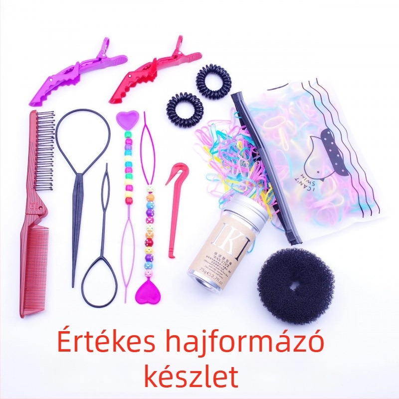 Gyerekeknek szóló hajformázó készlet: kontykészítő, fonóeszköz, összecsukható fésű, aligátor kapcsok