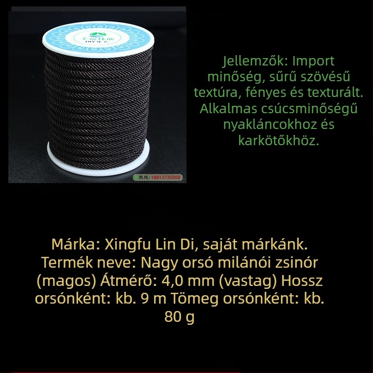 Nylon Milan zsinór ékszerekhez, 3–4 mm-es kötött zsinór belső maggal