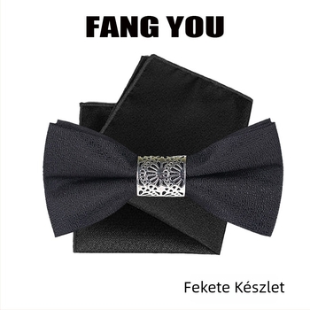 Férfi csokornyakkendő, Jacquard, poliészter szál, monokróm minta, lapos fej