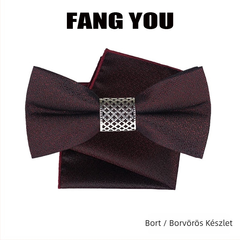Férfi csokornyakkendő, Jacquard, poliészter szál, monokróm minta, lapos fej
