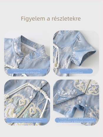 A típusú A kínai stílusú nyári overál fiúknak, vékony poliészter anyag, rövid ujjú, egy soros záródás, 1–3 éveseknek