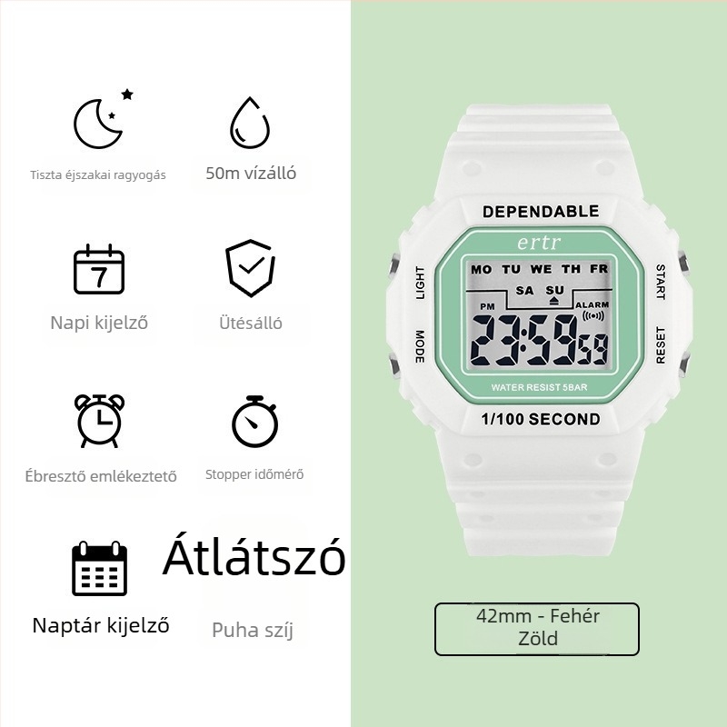 Lányoknak szóló elektronikus óra unicorn motívummal, egyszerű és elegáns dizájn, 30m vízállóság, négyzet alakú számlap, gumis szíj, elektronikus működés