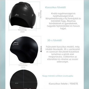 Szilikon úszósapka, lazán illeszkedő, uniszex felnőtteknek, hosszú hajhoz, fülvédelmi funkció