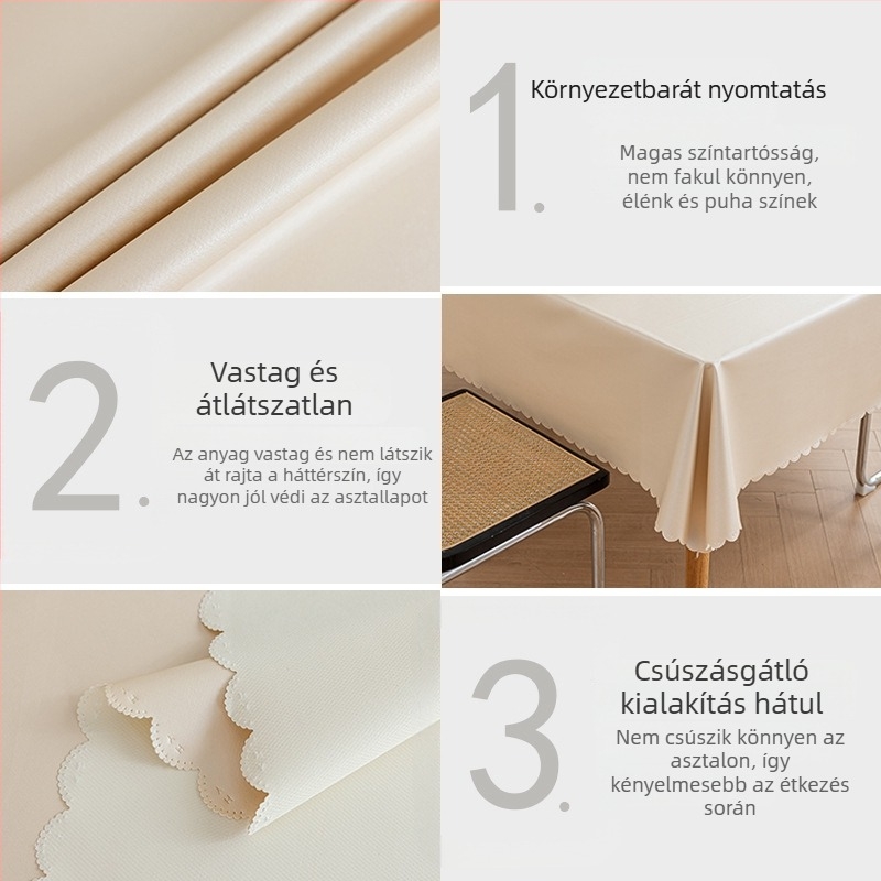 Hosszú téglalap PVC asztalterítő krémszínben, könnyed luxus, víz- és olajálló, csúszásmentes asztalterítő a kávéasztalhoz