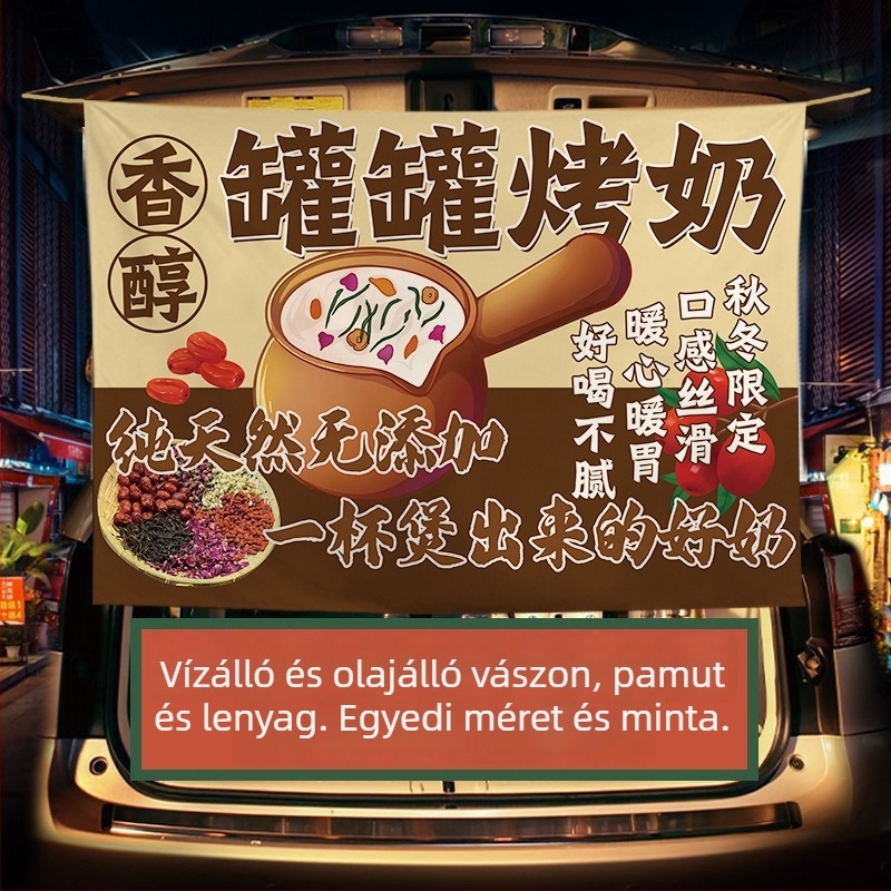 Téli tej-tea standhoz készült reklámbanner — plüss pamut gobelin, téglalap alakú
