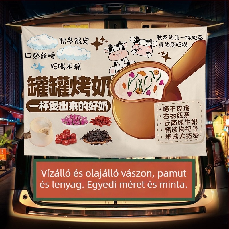 Téli tej-tea standhoz készült reklámbanner — plüss pamut gobelin, téglalap alakú