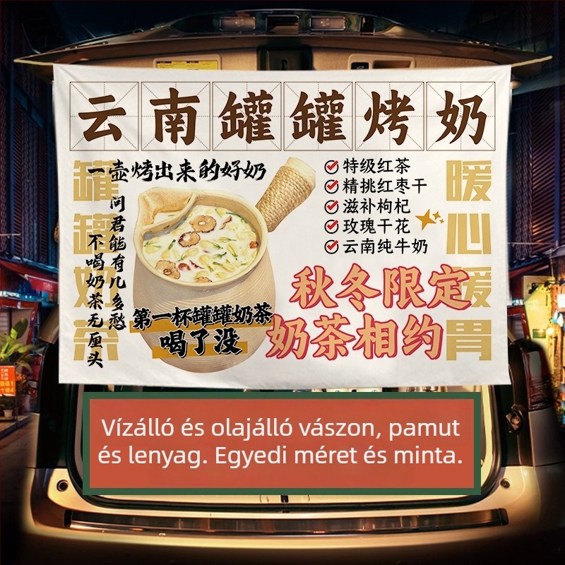 Téli tej-tea standhoz készült reklámbanner — plüss pamut gobelin, téglalap alakú
