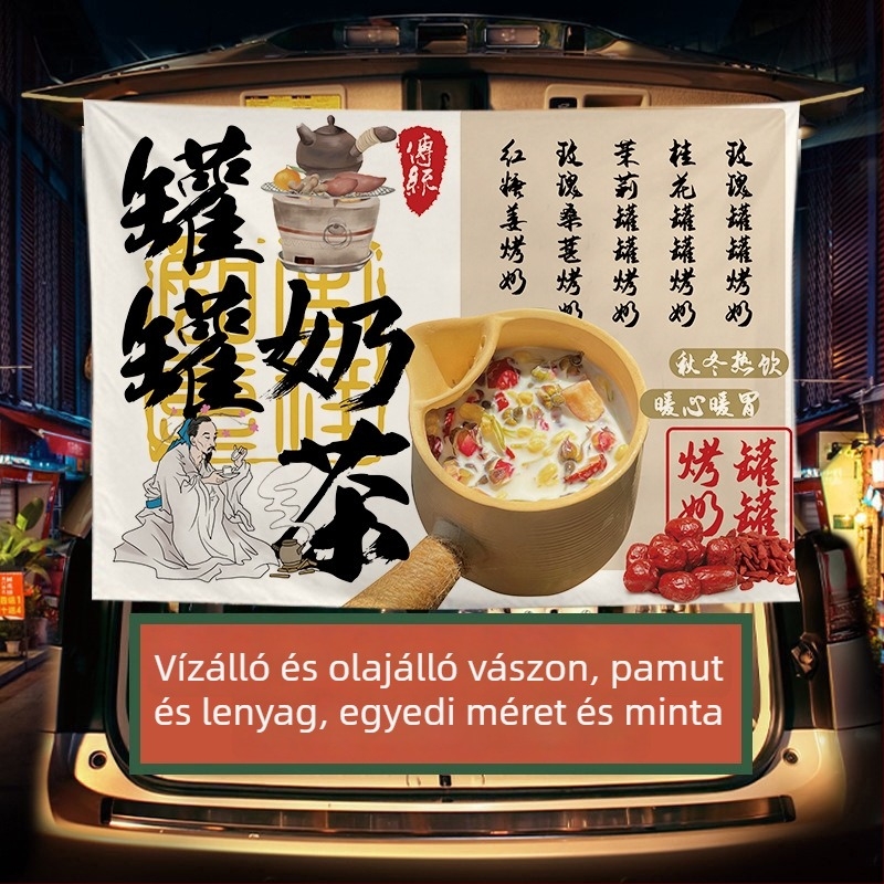 Téli tej-tea standhoz készült reklámbanner — plüss pamut gobelin, téglalap alakú