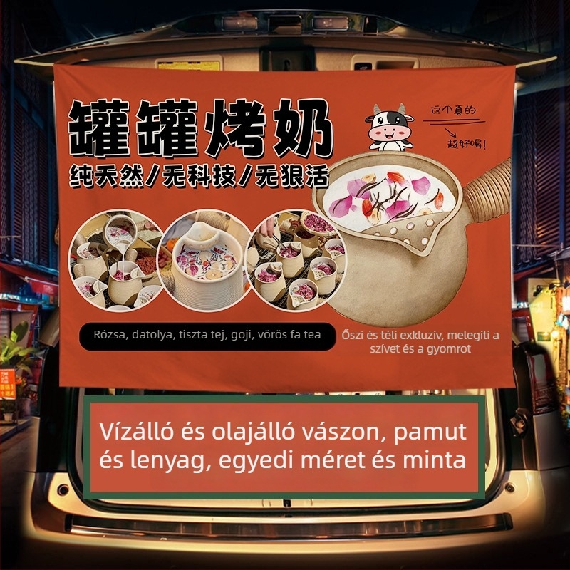 Téli tej-tea standhoz készült reklámbanner — plüss pamut gobelin, téglalap alakú