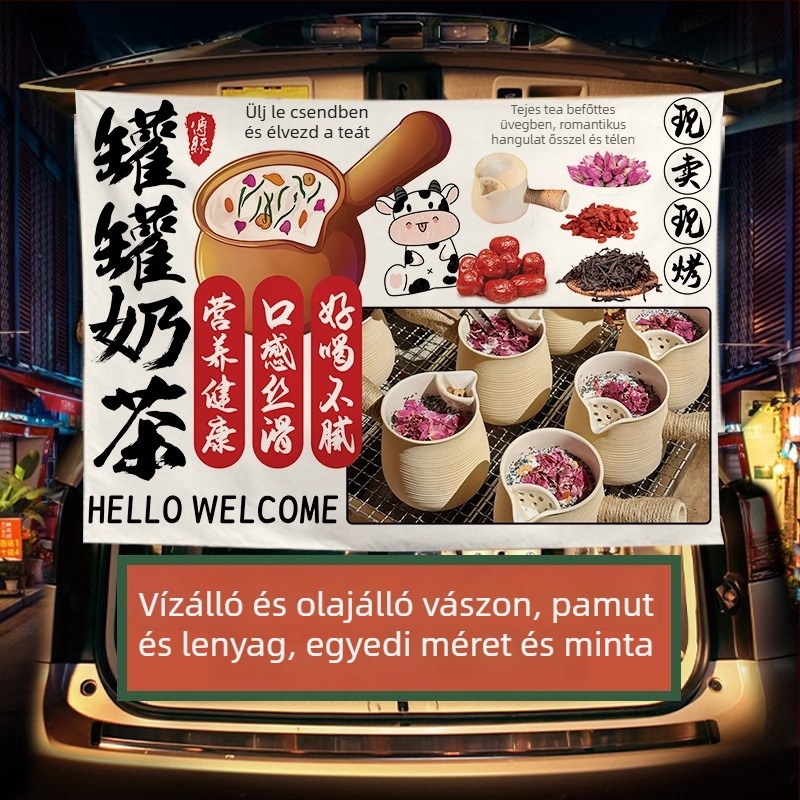 Téli tej-tea standhoz készült reklámbanner — plüss pamut gobelin, téglalap alakú