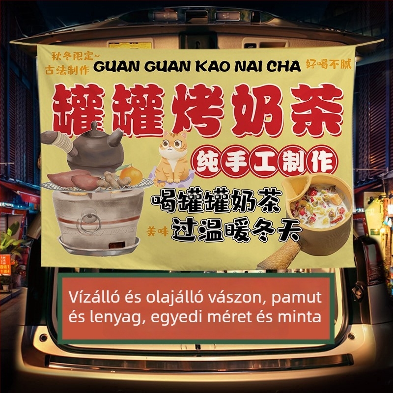 Téli tej-tea standhoz készült reklámbanner — plüss pamut gobelin, téglalap alakú