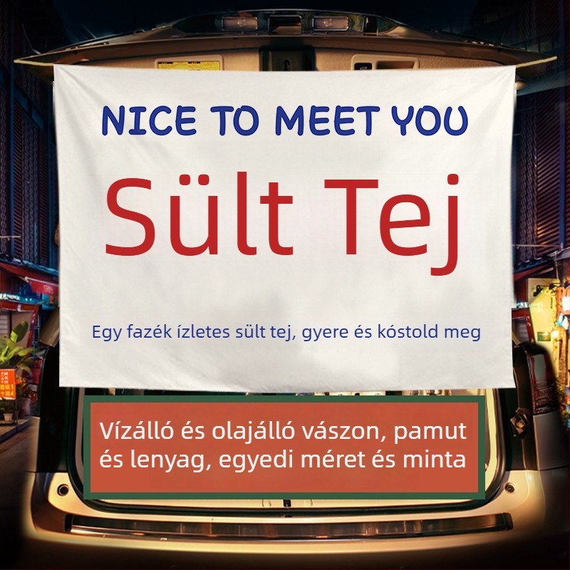 Téli tej-tea standhoz készült reklámbanner — plüss pamut gobelin, téglalap alakú