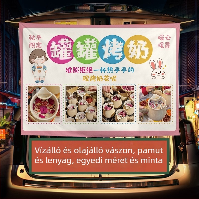 Téli tej-tea standhoz készült reklámbanner — plüss pamut gobelin, téglalap alakú