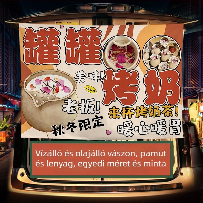 Téli tej-tea standhoz készült reklámbanner — plüss pamut gobelin, téglalap alakú