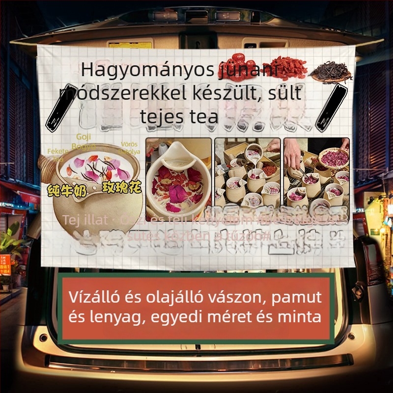 Téli tej-tea standhoz készült reklámbanner — plüss pamut gobelin, téglalap alakú