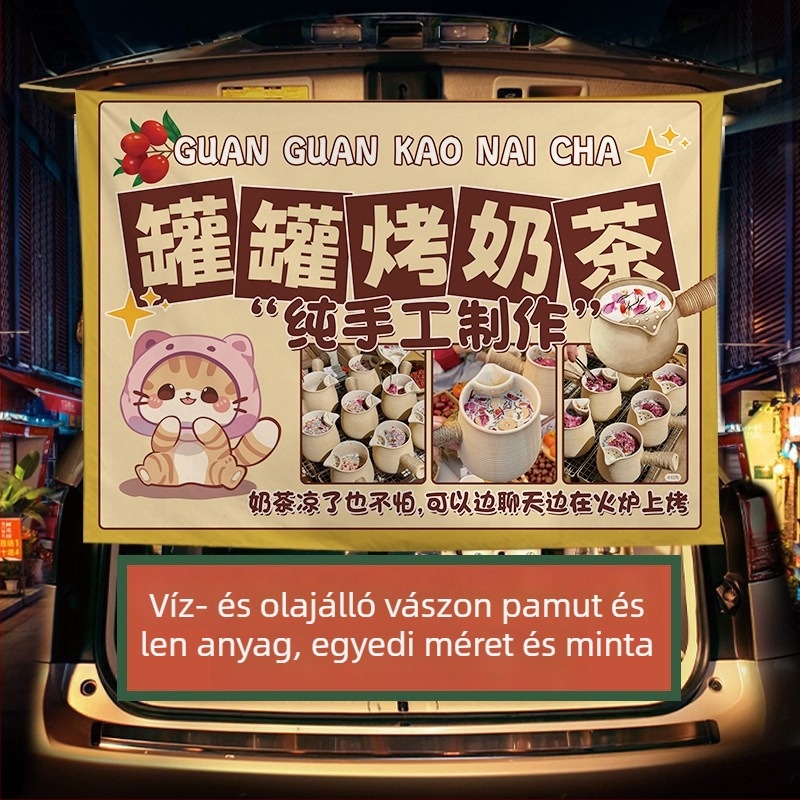 Téli tej-tea standhoz készült reklámbanner — plüss pamut gobelin, téglalap alakú