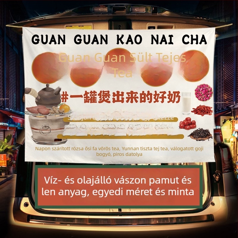 Téli tej-tea standhoz készült reklámbanner — plüss pamut gobelin, téglalap alakú