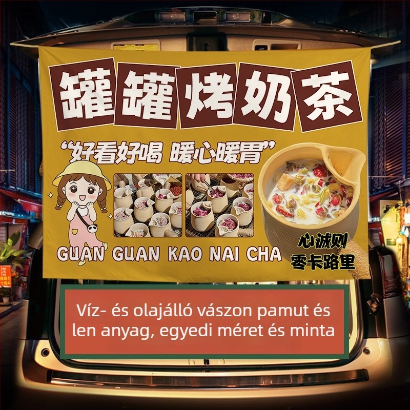 Téli tej-tea standhoz készült reklámbanner — plüss pamut gobelin, téglalap alakú